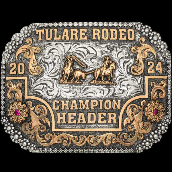 The Rainier Custom Belt Buckle is a show stopper for any cowboy or cowgirl outfit! 
Detailed with silver berry edge and bronze scrollwork. Personalize this hand engraved buckle now!